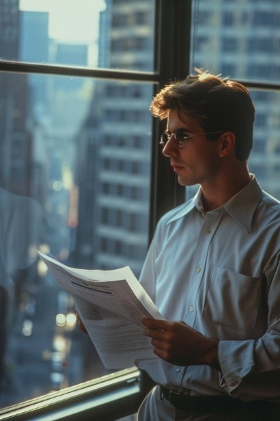 A male employee in his early 30s, standing by a window with a contemplative look, holding an employment contract. The cityscape outside the window suggests a corporate setting. His expression is thoughtful, symbolizing the weight of the decision to leave a job.