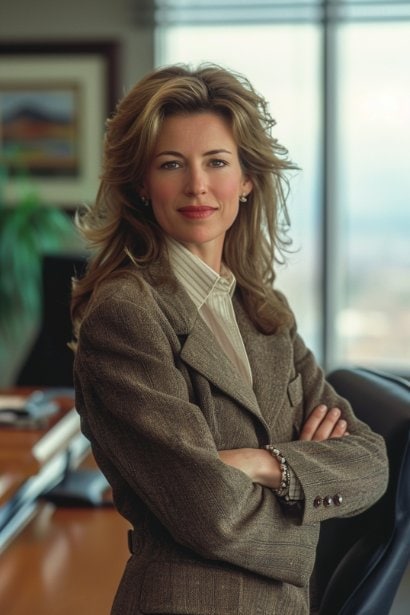A mature female professional, looking content and poised, standing in her office with a subtle smile, symbolizing the satisfaction of successfully responding to a promotion email. The office should have a window with a view, conveying a sense of achievement and forward-looking perspective.
