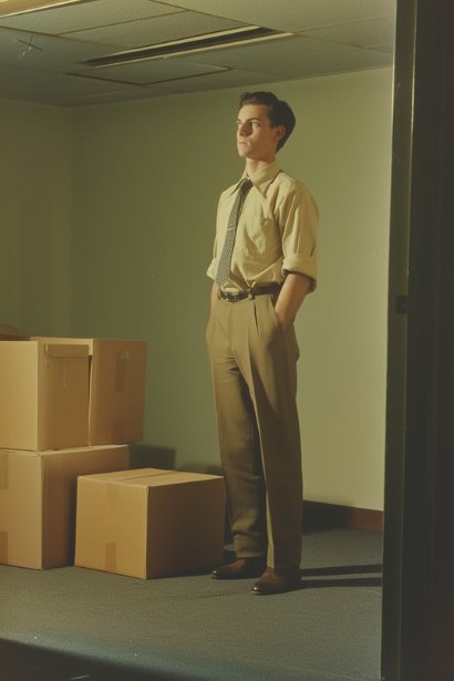 A young male professional, looking satisfied and reflective, standing in an empty office space with a few packed boxes at his feet. He's taking one last look around, symbolizing the closure and thoughtful reflection on his time at the part-time job.