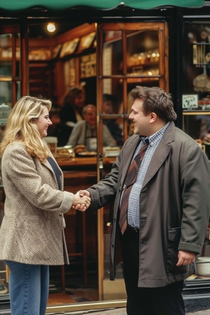 A male and female professional standing outside a café, concluding their meeting. Both are smiling, looking satisfied with the outcome of their chat. They are shaking hands in a friendly manner, signaling a successful and productive coffee chat session.