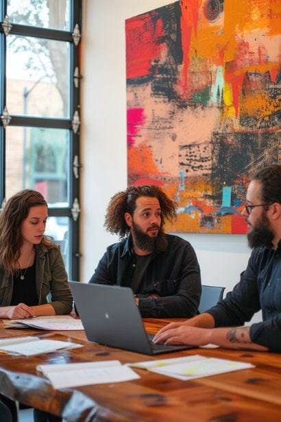 A small, diverse team of three professionals (two males and one female) in a collaborative workspace, engaged in a brainstorming session around a large table with notes and laptops. They all exhibit focused yet relaxed expressions, demonstrating a resilient culture's contribution to engagement and productivity.