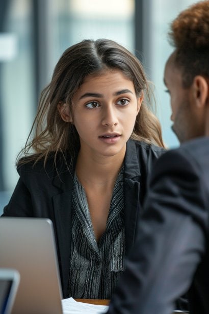 A young female professional, looking hopeful and assertive, is discussing her career path with a more senior male colleague or supervisor in a modern, well-lit office. She has documents and a laptop in front of her, prepared to present her case for a promotion or raise. The interaction captures a moment of career negotiation, emphasizing the importance of recognition and equitable compensation for hard work.