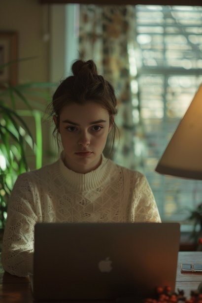 A scene showing a young female candidate experiencing technical difficulties during a virtual interview. She looks slightly stressed but is trying to remain calm, troubleshooting her laptop. The room is well-lit, indicating a prepared interview environment, which contrasts with the unforeseen technical challenge she faces.