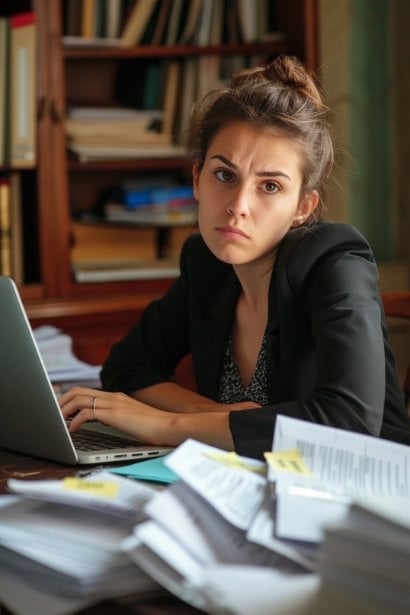 A young female professional, looking determined and attentive, making corrections to her resume on a laptop, with employment records and documents neatly arranged on her desk. This image symbolizes the proactive approach to rectifying discrepancies on one’s employment record.