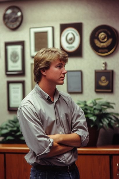 A male professional, looking intrigued and slightly puzzled, standing in the lobby of his new company, observing the corporate awards and cultural symbols displayed on the wall. This captures his process of adapting to a new company culture and expectations.