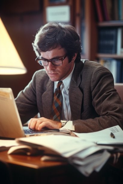 A male professional in his late twenties, seated at a desk covered with documents and a laptop. He's looking at the screen with an expression of calm determination, symbolizing his ability to withstand workplace stress. The office setting is modern, with natural light filtering in, suggesting a supportive work environment that fosters resilience.