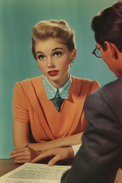 A young female professional, appearing curious and attentive, sitting across a table from a recruiter. The recruiter is gesturing towards a document that outlines the interview process, symbolizing the act of providing guidance. Both individuals display a professional demeanor, embodying a constructive and informative exchange.