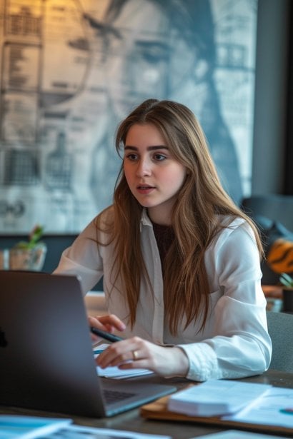 A young female professional, looking earnest and communicative, engaged in a video call on her laptop. She's explaining something with a gesture, with documents visible on the table, illustrating a moment of clarifying employment date discrepancies to a potential employer.