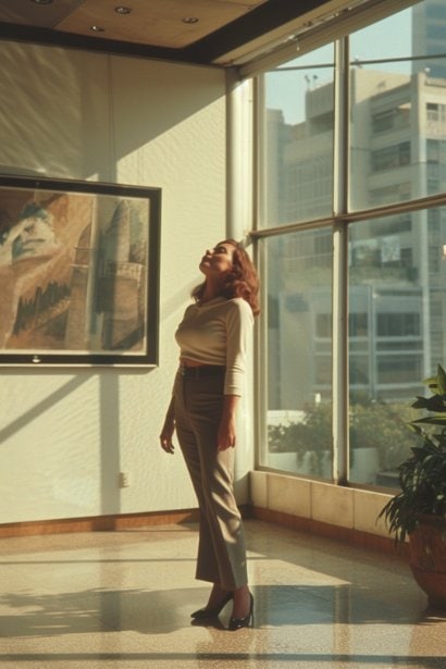 A female professional in her early thirties, standing in a well-lit, spacious break room with large windows overlooking a cityscape. She's stretching and taking a deep breath, her expression is one of relief and rejuvenation, illustrating the benefits of resilience practices on physical and mental health.