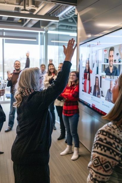 A diverse group of professionals gathered around a large digital screen in a spacious office, engaging in a virtual meet-and-greet session with new remote team members. The individuals in the office are smiling and waving towards the screen, where a couple of new hires are displayed, reciprocating the gesture. This image symbolizes the inclusive and adaptive corporate culture facilitated by virtual recruitment practices.