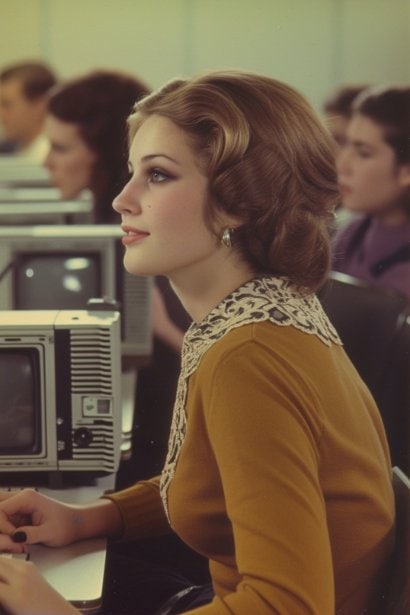 A young female professional, looking determined and engaged, sitting in a classroom setting with a few other learners. She is participating in a vocational training workshop, practicing a new skill on a piece of machinery or computer software, highlighting the act of skill enhancement.