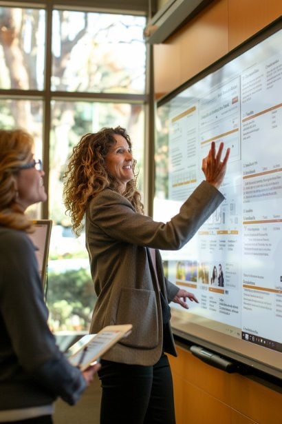 A senior female manager, exuding confidence and clarity, using a large digital display to outline team roles and responsibilities to a small group of engaged team members. The display shows a clear division of tasks within departments, highlighting the manager's role in clarifying duties. The team members, one male and one female, show expressions of understanding and approval, emphasizing the importance of leadership in setting clear expectations.