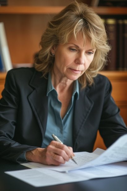 A middle-aged female professional, appearing focused and knowledgeable, consulting a legal document related to employment verification and discrepancies. She's taking notes, symbolizing the process of ensuring legal compliance in addressing employment date discrepancies.