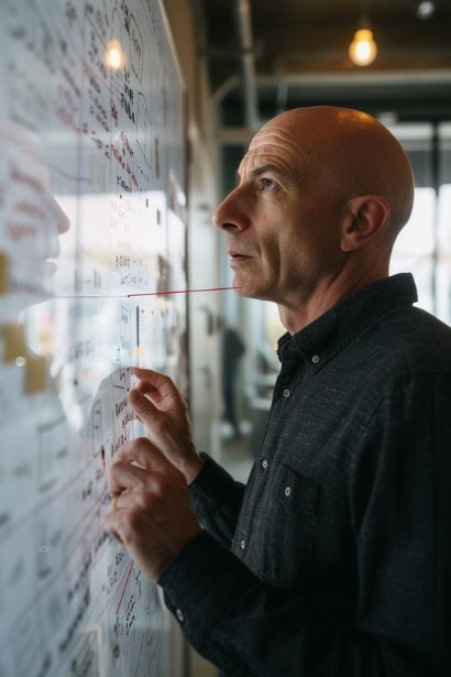 A middle-aged male professional, looking visionary and reflective, standing in front of a large, transparent planning board filled with career goals and milestones. He's connecting different goals with lines, symbolizing strategic long-term career planning.