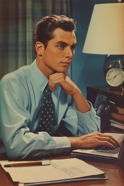 A young male professional, looking hopeful and reflective, sitting at his desk composing a thank-you email on his laptop after an interview. The setting is personal yet professional, emphasizing the importance of follow-up and the anticipation of next steps in the job application process.