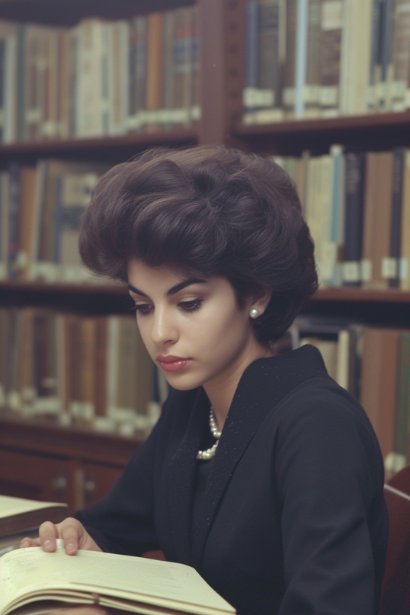 A young female professional, looking thoughtful and motivated, sitting in a quiet corner of a library or office, with a book open in front of her. She’s making notes, surrounded by journals and personal development literature, symbolizing her dedication to growth and learning.