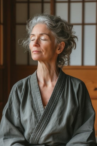 A middle-aged female professional, looking serene and focused, engaging in a mindfulness meditation at home before starting her day of job searching. Her surroundings are minimal and peaceful, emphasizing the importance of mental well-being in personal development.