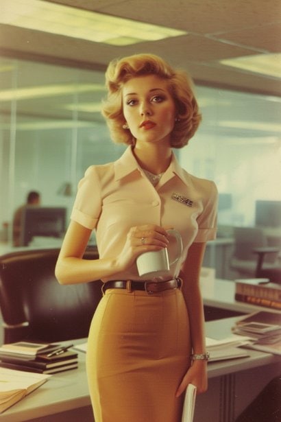 A female professional, looking focused and a bit fatigued, standing in the middle of her new office, observing her surroundings. She's holding a notebook and a coffee mug, symbolizing the blend of physical presence and mental alertness required in adapting to new workloads.