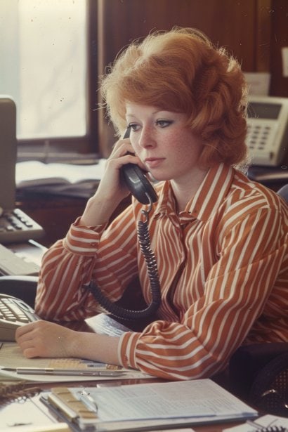 A female professional seated at her desk, speaking on the phone with a slight smile, demonstrating a polite but firm conversation. Papers and a digital tablet are open in front of her, suggesting she's explaining her inability to cover a shift. Her posture and expression convey both assertiveness and courtesy.