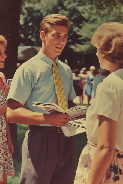 A young male professional, looking enthusiastic and committed, volunteering at a local community event. He is handing out materials and discussing with a small group, demonstrating how volunteering can enhance skills and contribute to professional growth.