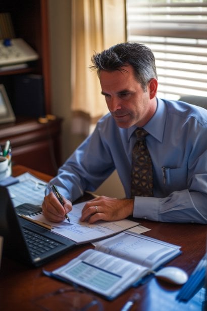 A male professional, looking organized and proactive, at his desk scheduling his week in a planner with a clear and focused expression. The desk is neatly arranged with a laptop, the planner, and a cup of coffee, reflecting effective time management and planning.