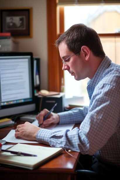 A male professional, appearing focused and serious, writing a resignation letter at his desk. The desk is neatly organized with a computer, the draft of the letter visible on the screen, and a notepad with bullet points, symbolizing preparation and professionalism.