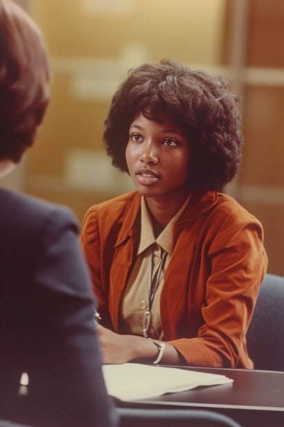 A young female professional, looking confident and composed, practicing interview questions with a mentor in a quiet, professional setting. The mentor is offering constructive feedback, emphasizing the preparation for employment through mock interviews.