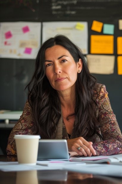 A close-up shot of a female leader, looking focused and determined, sitting at her desk with a digital tablet displaying a meeting agenda. Beside her, visible notes and a cup of coffee, symbolizing the preparation phase. Her expression and posture suggest meticulous planning for a productive skip-level meeting.