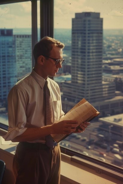 A male employee in a quiet office space, standing by a window with a view of the city skyline, holding a notebook. He's looking at his schedule, pensively considering his workload and priorities. His expression is serious, reflecting the contemplation of his current commitments and the implications of taking on more work.