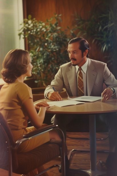 A medium shot of a senior male leader, looking approachable and open, seated at a round table with a young female employee who appears engaged and eager to share her thoughts. The scene conveys a sense of direct and open communication, with the background subtly blurred to focus on the interaction, emphasizing the bridge-building nature of skip-level meetings.