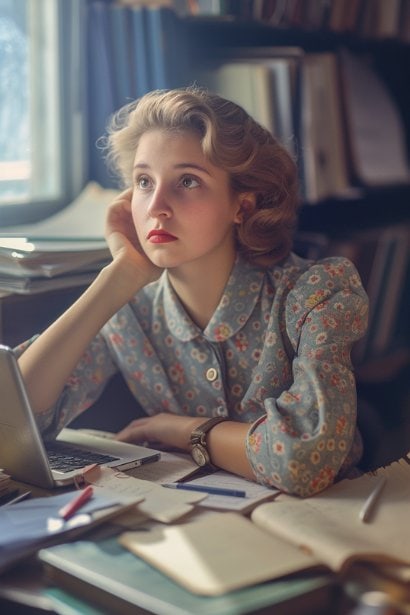 A young female professional, appearing focused and determined, sitting at her desk surrounded by notes and a laptop. She's taking notes, symbolizing her research into the company culture and job position, with expressions of intrigue and engagement.
