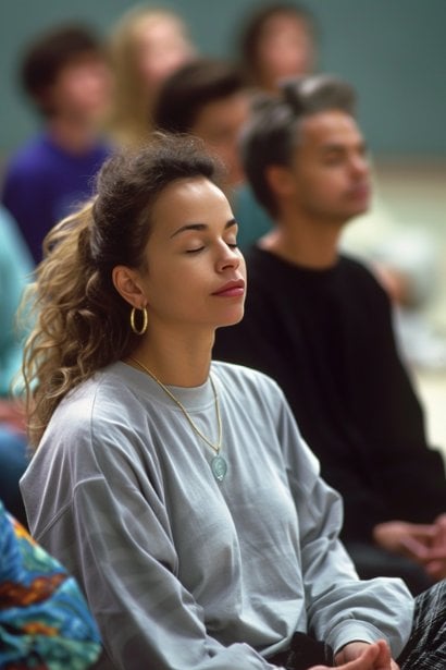 A workshop setting where a small group of professionals are participating in a resilience training session. They are practicing a group meditation, led by an instructor. The participants have closed eyes and serene expressions, highlighting the importance of emotional regulation and mindfulness in resilience development.