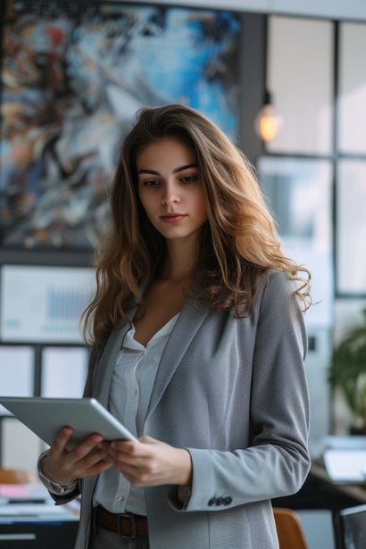 A female professional in her late twenties, reviewing a digital tablet that displays graphs and data, standing in an office setting that hints at technological advancement. She looks adaptive and poised, ready to implement new strategies, symbolizing resilience in adapting to change and overcoming setbacks.