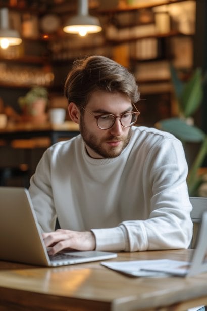A young male professional, looking hopeful and proactive, attending a virtual job fair on his laptop. He's taking notes and nodding, with the screen showing a webinar presentation from a potential employer, representing modern job search strategies.