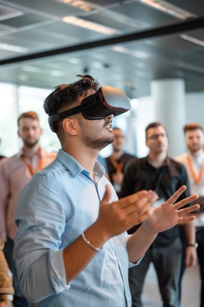 An image depicting a young male HR professional, looking innovative and focused, demonstrating a virtual reality headset to a small group of colleagues. They are gathered in a modern office space, with the man explaining how VR can be used in recruitment processes. The group's expressions range from curiosity to amazement, highlighting the cutting-edge technologies being incorporated into recruitment.
