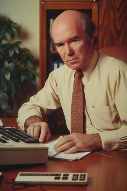 A middle-aged male professional, looking satisfied and diligent, cross-referencing a document on his desk with dates on his computer screen. His expression is focused, highlighting the importance of accuracy in documenting employment dates to avoid potential issues during job applications.