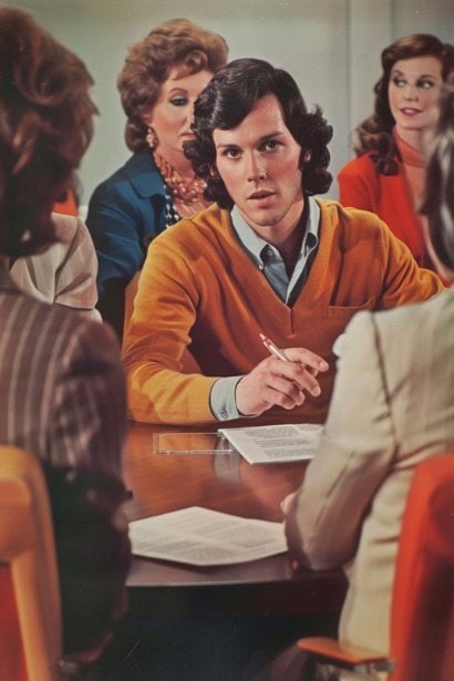 A young male professional, wearing smart casual attire, sitting at a round table with a diverse group of colleagues. He's holding a document, likely a job description, and pointing to a section of it, symbolizing the act of clarifying job responsibilities. The expressions on the faces of the colleagues range from interested to curious, indicating their engagement in understanding their own roles within the team.