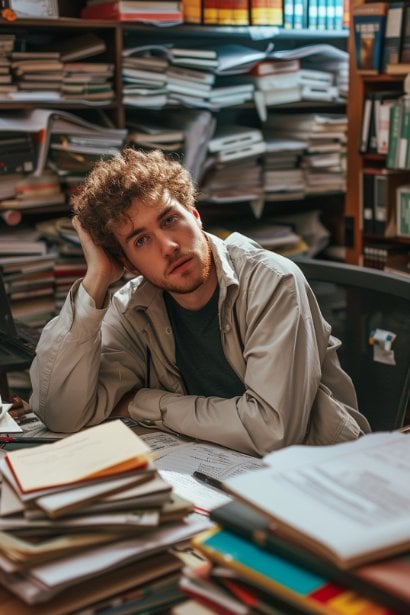 A male professional, looking slightly overwhelmed yet determined, sitting at his new desk surrounded by stacks of documents and a computer. He's holding his head with one hand, symbolizing the mental load of absorbing new information.