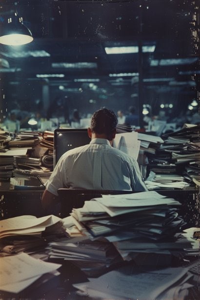A photo capturing a moment in a dimly lit office space late at night. It features a single male employee, looking weary yet determined, seated at his desk surrounded by mountains of paperwork and multiple computer screens displaying open projects. His posture reflects a mix of resilience and exhaustion, symbolizing the heavy burden of exploitation and the relentless pursuit of productivity.