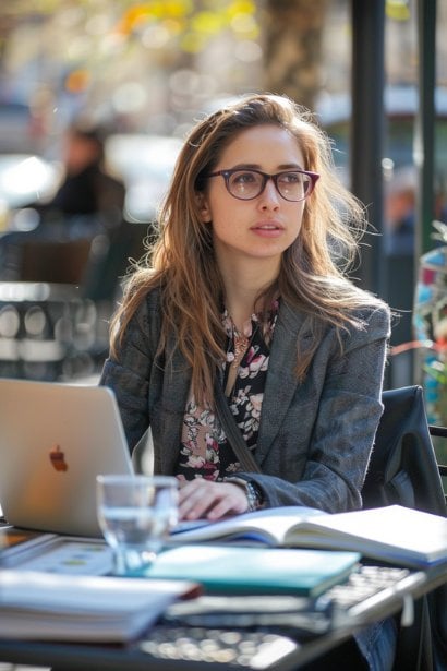 A female professional sitting at a cafe table outdoors, looking thoughtful and determined, with a planner and a laptop in front of her. She's visibly weighing her options, symbolizing the importance of maintaining work-life balance and preventing burnout. The setting is relaxed, emphasizing the personal time she's protecting.