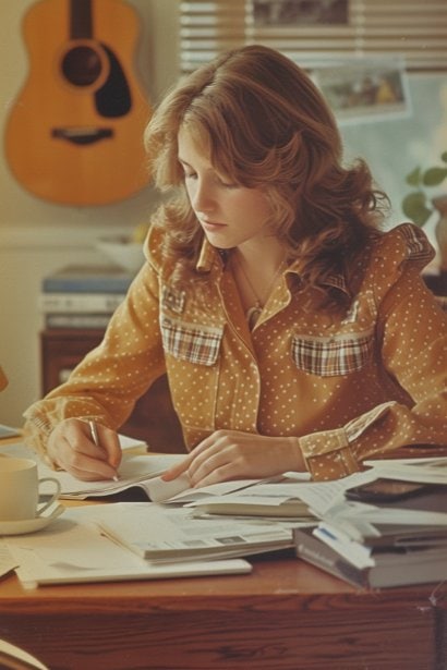 A young female professional, looking focused and meticulous, working on her resume and cover letter at a home office desk. She's surrounded by drafts and notes, highlighting the process of crafting effective job application documents.