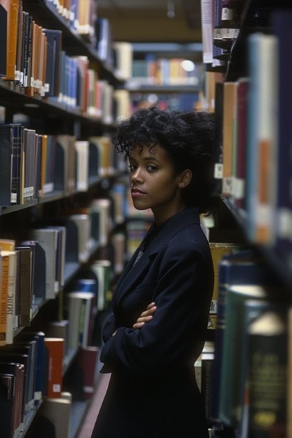 A female professional, standing in a library or resource center, browsing through books and materials on career development. She looks engaged and thoughtful, representing the proactive search for knowledge and resources to tackle performance review challenges.