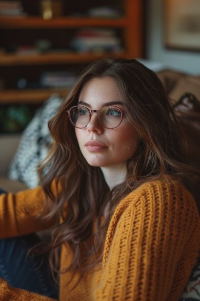 A young female professional, sitting in a quiet, cozy corner of her home, engaged in a virtual therapy session on her laptop. She looks to be in a moment of sharing or reflection, representing the importance of addressing mental and emotional health during periods of job dissatisfaction.