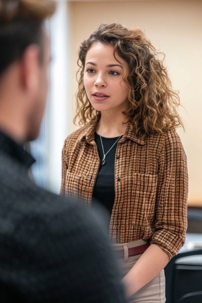 A photo depicting a one-on-one meeting in a quiet, neutral space such as a small conference room or a coffee area. A female professional is seen talking to her male coworker, who appears slightly defensive but is listening. The female's posture and expression suggest she is attempting to communicate constructively, focusing on the issue at hand rather than the person.