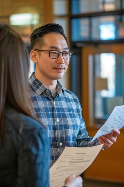 A male professional in his early forties, looking respectful and hopeful, handing a printed resume to a female acquaintance or former coworker during a casual meeting in a serene public library. The setting implies a discussion about the possibility of being a job reference.