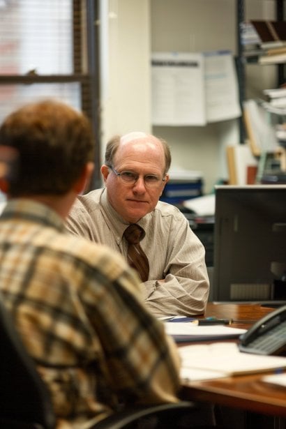 A photo showing a male professional discreetly taking notes at his desk, glancing over at a coworker who appears disengaged and distracted, possibly by personal phone use during work hours. The observer's expression is one of contemplation and concern, aiming to objectively document the situation before taking any further steps.