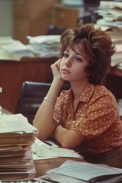 A photo of a young female professional sitting at her new desk, surrounded by paperwork. She looks slightly overwhelmed but thoughtful, as if pondering her next move. This image captures the initial contemplation phase where one assesses their new role and environment, symbolizing the blend of challenge and opportunity in the early days of a new job.