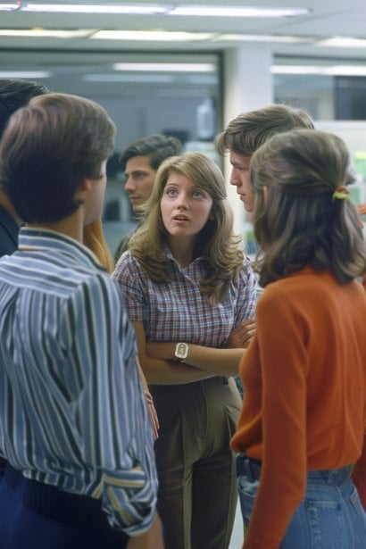 A scene in a modern office where a female leader is having a casual discussion with a diverse group of young employees, including both males and females. The leader is listening intently, nodding in agreement, showcasing a genuine interest in understanding their perspectives. The group is animated, with expressions of enthusiasm and inclusivity, illustrating the collaborative and empathetic environment fostered by reverse shadowing.