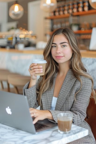 A young female professional in her early 30s, sitting at a stylish café with her laptop open to her LinkedIn profile, which is being updated. She's holding a coffee in one hand, and with the other, she highlights her latest achievements. Her expression is hopeful and focused, emphasizing the role of personal branding in career advancement and the importance of showcasing one's achievements on professional platforms.