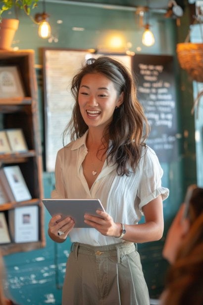 A mid-30s female entrepreneur, sharing her personal branding journey in a small, intimate workshop setting. She's using a tablet to show examples of her brand evolution over time. Her audience, a small group of eager young professionals, listens attentively. Her expression is open and inspiring, emphasizing the impact of personal branding on career success through real-life success stories.